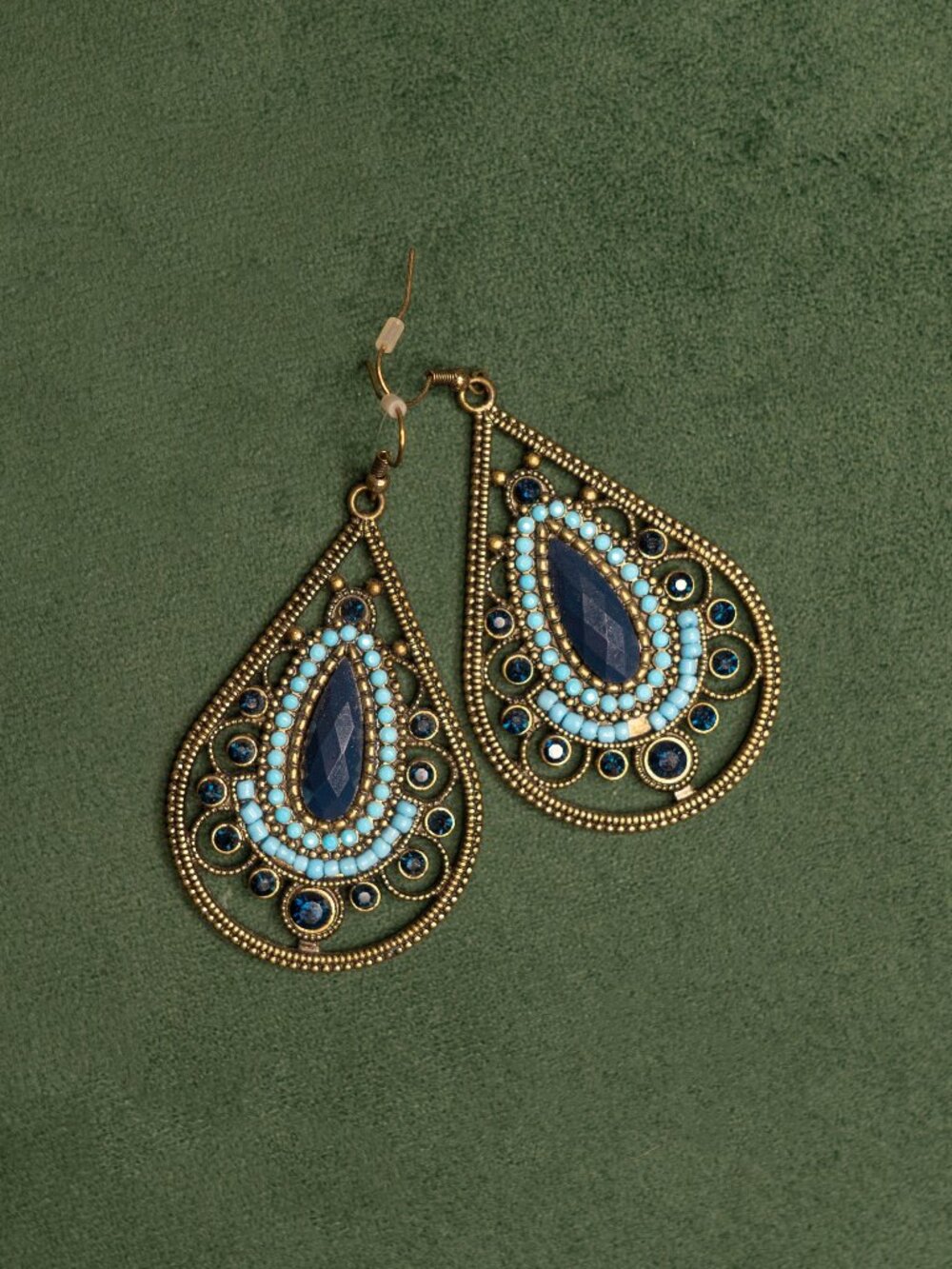 Vintage Boho Dark Silver Metal Beaded Blue & Turquoise Dangle Earrings